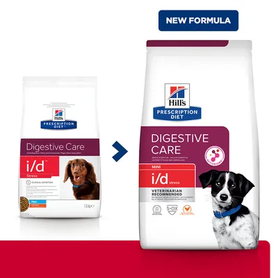 Hill's Prescription Diet Digestive Care i/d Stress Mini hundefoder, billede viser ændring til ny formel med opdateret emballage og teksten 'NEW FORMULA' øverst til højre.