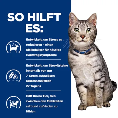 So hilft es: Reduziert Stress, ein Risikofaktor für Harnwegssymptome. Löst Struvitsteine in 7 Tagen auf. Hilft Ihrem Tier, sich zwischen Mahlzeiten satt und zufrieden zu fühlen.