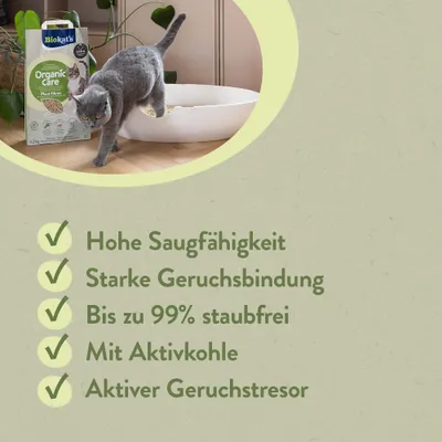 Biokat's Organic Care Fibres Végétales Litière pour chat. Haute capacité d’absorption, contrôle efficace des odeurs, jusqu’à 99 % sans poussière, avec charbon actif, coffre-fort anti-odeurs actif. Biokat's Organic Care Fibres Végétales Litière pour chat. Haute capacité d’absorption, contrôle efficace des odeurs, jusqu’à 99 % sans poussière, avec charbon actif, coffre-fort anti-odeurs actif.