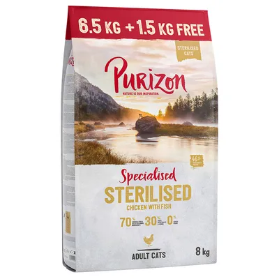 Purizon Sterilised Cats dry food, Specialised Chicken with Fish, 8 kg. Offer: 6.5 kg + 1.5 kg free. 70% animal ingredients, 30% vegetables, 0% grain.