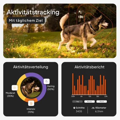 Aktivitätstracking mit täglichem Ziel. Aktivitätsverteilung: Gering 50%, Moderat 35%, Intensiv 15%. Aktivitätsbericht mit 3435 Schritten und 6,5 km.