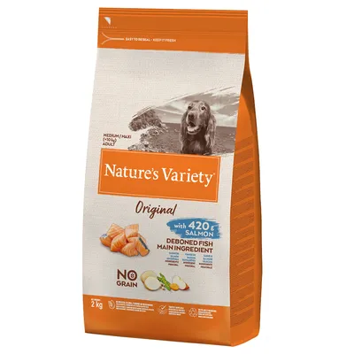 Nature's Variety Original pienso para perros medianos y grandes, ingrediente principal pescado deshuesado con 420g de salmón, sin cereales, tamaño del paquete 2kg.