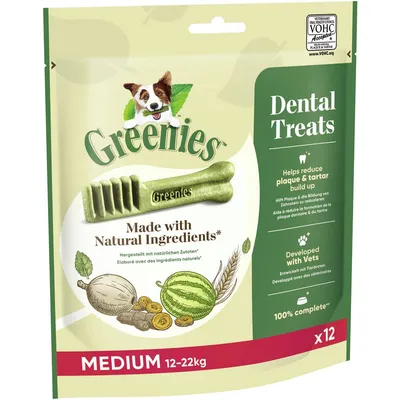 Greenies Dental Treats Medium 12-22kg, hergestellt mit natürlichen Zutaten. Hilft Plaque und Zahnstein zu reduzieren. Entwickelt von Tierärzten. Packung enthält 12 Stück.
