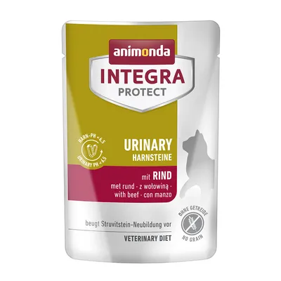 Plic Animonda Integra Protect Urinary Harnsteine cu vită, fără cereale, pentru dietă veterinară. Text vizibil: urinary pH <4,5, mit Rind, with beef, beugt Struvitstein-Neubildung vor.