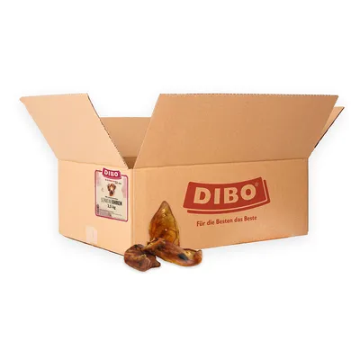 DIBO orejas de cerdo 2,5 kg. Caja abierta con orejas de cerdo secas. Impresión: "Für die Besten das Beste".