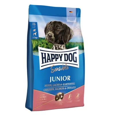 Happy Dog Sensible Junior Huhn, Lachs & Kartoffel. Ab dem 7. Monat bis zum 18. Monat. Made in Germany. Ohne Zusatz von Konservierungsstoffen.
