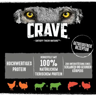 CRAVE. Getreidefreie Rezeptur, hergestellt mit 100% natürlichem tierischem Protein. Hochwertiges Protein zur Unterstützung eines schlanken und gesunden Körpers.