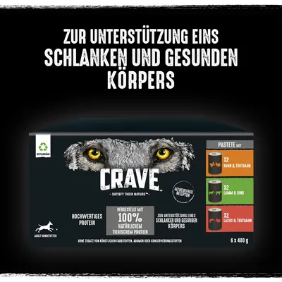 Crave Adult Hundefutter, hergestellt mit 100% natürlichem tierischem Protein, getreidefreie Rezeptur. Packung enthält 6 x 400g: 2x Huhn & Truthahn, 2x Lamm & Rind, 2x Lachs & Truthahn.
