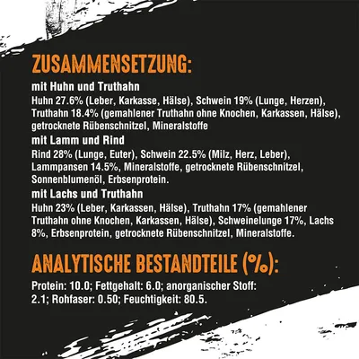 Состав и аналитические компоненты корма: курица, индейка, говядина, ягненок, свинина, лосось, протеин 10 %, жир 6 %, зола 2,1 %, клетчатка 0,5 %, влага 80,5 %. Текст на немецком.