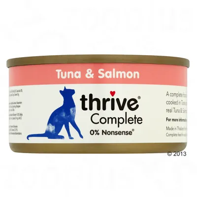 Thrive Complete karma dla kotów, tuńczyk i łosoś, 0% Nonsense. Puszka z niebieskim symbolem kota i różową etykietą.