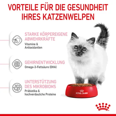 Texte en allemand : avantages pour la santé des chatons, défenses naturelles fortes, développement cérébral, soutien du microbiome. Marque Royal Canin visible sur la gamelle.