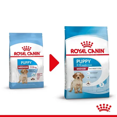Два пакета Royal Canin Puppy Medium 11–25 кг; новата опаковка показва текст: 2–12 months/mois, Adult weight 11–25 kg, изображение на кученце и етап 3.