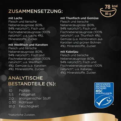 Состав и аналитические компоненты: белок 10 %, жир 5,5 %, зола 2 %, клетчатка 0,3 %, влага 81 %. Варианты с лососем, тунцом, треской, белой рыбой. Сертификат MSC.