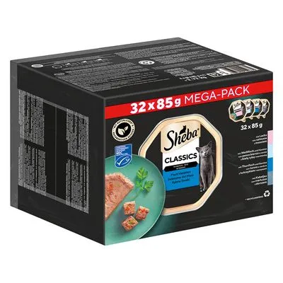 Sheba Classics kattenvoer MEGA-PACK, 32 x 85 g. Afbeelding van verpakking met verschillende smaken en een kat. Zichtbare tekst: '32 x 85 g', 'Classics', 'MEGA-PACK'.