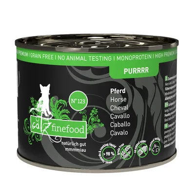 Catz finefood N°123, koń. Bez zbóż, bez testów na zwierzętach, monobiałko, wysoka jakość. 98% mięsa i wywaru. Bez dodatku cukru.