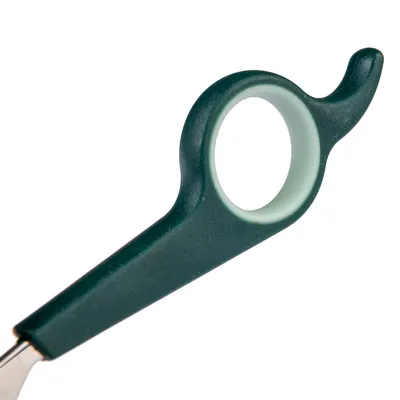 Green handle with finger hole and hook, part of a tool for precise handling.