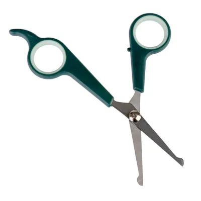 Green scissors with rounded stainless steel blades and ergonomic handles, suitable for precise cutting.