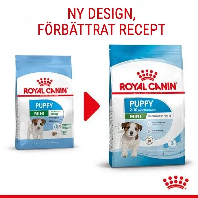 Royal Canin Puppy Mini hundfoder, bild på gammal och ny förpackning. Text: Ny design, förbättrat recept. Nya påsen visar '2–10 months', 'adult weight up to 10 kg'.