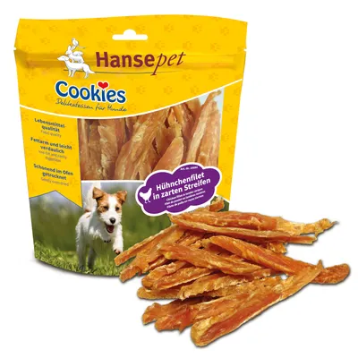 Sachet Hansepet Cookies pour chiens, filet de poulet en fines lamelles. Texte visible : qualité alimentaire, pauvre en matières grasses, séché au four. Image d’un chien et des lamelles.