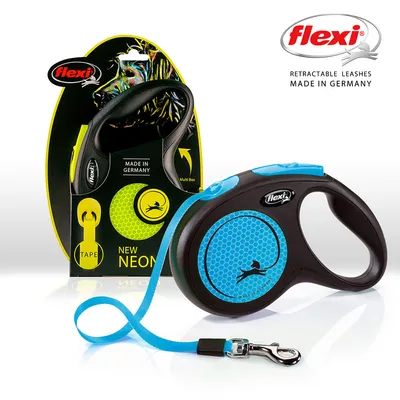 Flexi New Neon рулетка для собак, выдвижная, Made in Germany, с Multi Box и системой ленты. Упаковка с жёлтым дизайном и характеристиками продукта.