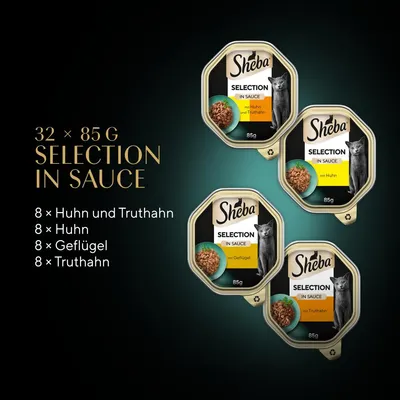 Sheba Selection in Sauce, 32 × 85 g. Sorten: 8 × Huhn und Truthahn, 8 × Huhn, 8 × Geflügel, 8 × Truthahn.