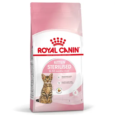 Royal Canin Kitten Sterilised 6–12 months. Notes: Strong immune system, growth & weight control. Image of a young cat on the packaging. Royal Canin Kitten Sterilised 6–12 months. Notes: Strong immune system, growth & weight control. Image of a young cat on the packaging.