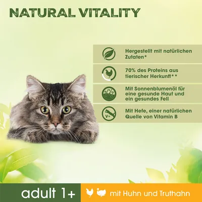 Natural Vitality, adult 1+, mit Huhn und Truthahn. Texto en alemán: ingredientes naturales, 70 % proteína animal, aceite de girasol, levadura fuente natural de vitamina B.