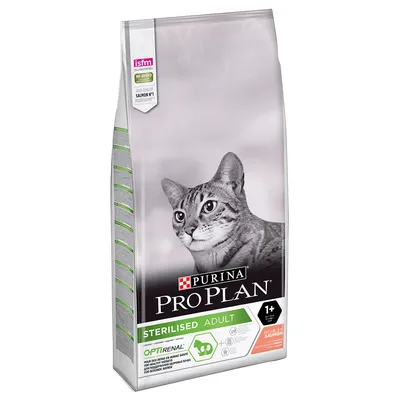 PURINA PRO PLAN STERILISED ADULT 1+ OPTIRENAL, RICHE EN SAUMON. Tekst: isfm, NO ADDED, HIGH QUALITY SALMON N°1 INGREDIENT. Billede af kat på posen.