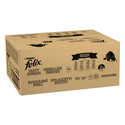 Purina Felix Tasty Shreds selecție mixtă, 80 plicuri porționate, 100% complet și echilibrat, fără arome sau conservanți artificiali.