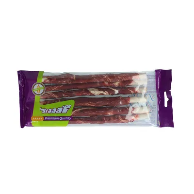 Braaaf Premium Quality жевательные лакомства, в фиолетово-зеленой упаковке с видимыми мясными полосками. Указание на знак без зерна.