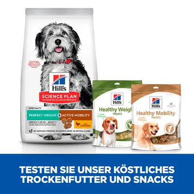 Hill's Science Plan Trockenfutter Perfect Weight & Active Mobility mit Huhn, Healthy Weight und Healthy Mobility Snacks. Testen Sie unser köstliches Trockenfutter und Snacks.