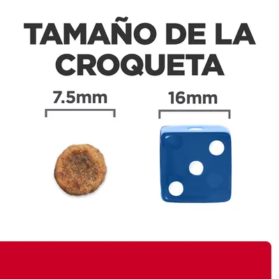 Tamaño de la croqueta: 7,5 mm comparado con un dado azul de 16 mm. Texto grande: 'Tamaño de la croqueta'.