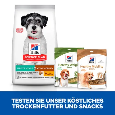 Hill's Science Plan Trockenfutter Perfect Weight & Active Mobility für kleine Hunde bis 10kg, Healthy Weight und Healthy Mobility Snacks mit Huhn. Testen Sie unser köstliches Trockenfutter und Snacks.