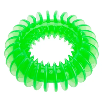 Groene kunststof ring met gekartelde binnenranden, geschikt als speelgoed of kauwartikel.
