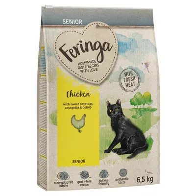 Feringa Senior cat food, chicken with sweet potatoes, courgette & catnip, 6.5 kg. With fresh meat, grain-free, kidney-friendly, authentic taste, age-appropriate kibbles.