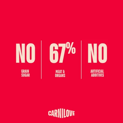 Bez obilovin, bez cukru, 67 % masa a orgánů, žádné umělé doplňkové látky. Carnilove. Bez obilovin, bez cukru, 67 % masa a orgánů, žádné umělé doplňkové látky. Carnilove.
