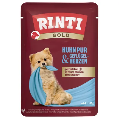 Rinti Gold Huhn pur & Geflügelherzen, getreidefrei, in feinen Stücken, fettreduziert. Mini 100g.