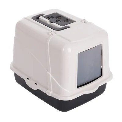 Geschlossene Katzentoilette aus Kunststoff mit Schwingtür und Belüftungsschlitzen im Deckel, zweifarbig in Weiß und Schwarz.