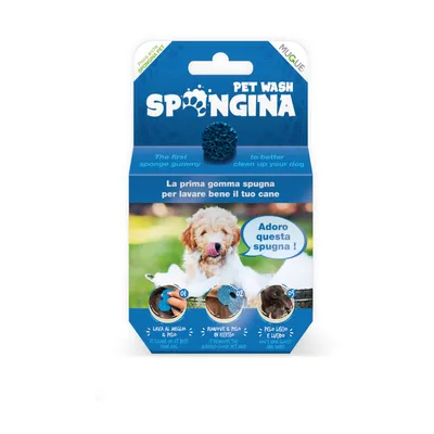 Pet Wash Spongina, Gummischwamm zur Reinigung von Hundefell. Entfernt lose Haare und macht das Fell glänzend. Verpackung zeigt Hund mit Schwamm und Anwendungsbeispiele.