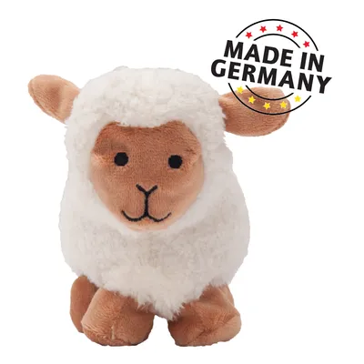 Plüsch-Schafspielzeug mit braunem Gesicht und weissen Fell. Text: Made in Germany mit Sternenring.