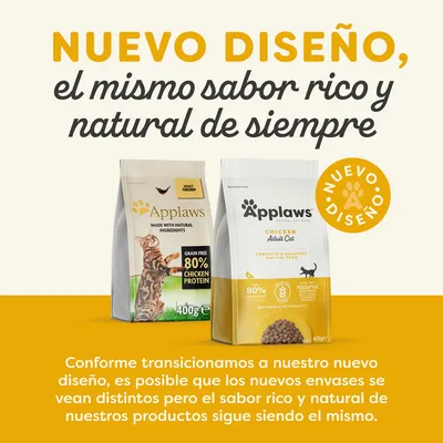 Applaws. Nuevo diseño, el mismo sabor rico y natural de siempre. Envases de comida para gatos adultos con pollo, 80 % proteína de pollo, 400 g. Sello: nuevo diseño.