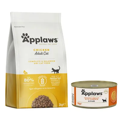 Pienso seco Applaws Chicken Adult Cat 2 kg y lata Applaws Chicken Breast with Pumpkin in broth 156 g. Texto visible: 80 % animal protein, grain free recipe, made with natural ingredients.