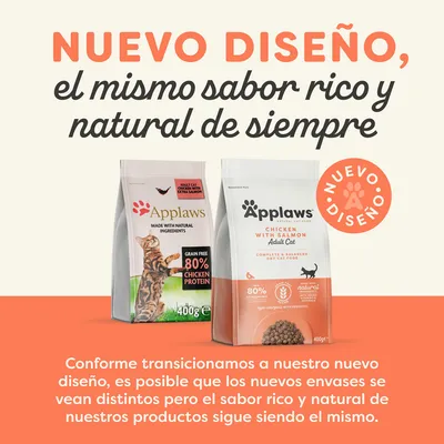 Applaws. Nuevo diseño, el mismo sabor rico y natural de siempre. Dos envases de pienso para gatos adultos, pollo con salmón, 400 g, 80 % proteína de pollo. Nuevo diseño.