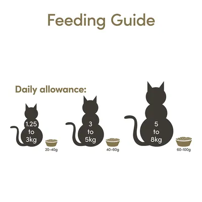Voedingsadvies katten: 1,25–3 kg dagelijks 20–40 g, 3–5 kg 40–60 g, 5–8 kg 60–100 g. Tekst in het Engels: Feeding Guide, Daily allowance.