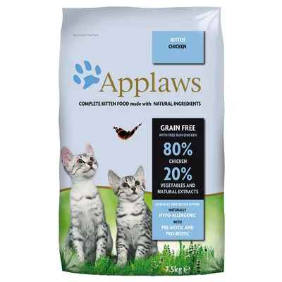 Applaws karma dla kociąt z kurczakiem, 80% kurczaka, 20% warzyw i naturalne ekstrakty, bez zbóż, hipoalergiczna, z pre- i probiotykami. Opakowanie z dwoma kociętami i motylem.