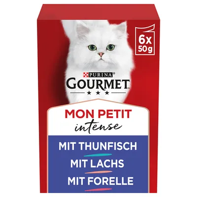 Purina Gourmet Mon Petit intense, 6 x 50g, met tonijn, met zalm, met forel Purina Gourmet Mon Petit intense, 6 x 50g, met tonijn, met zalm, met forel