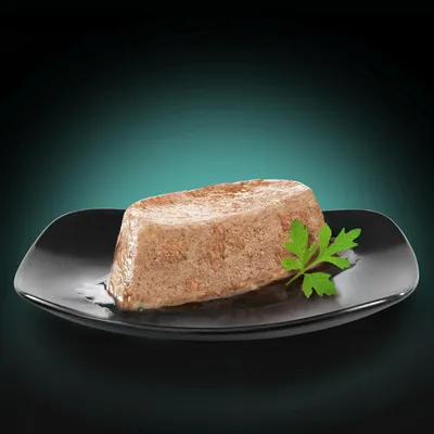 Portion de pâtée pour animaux sur une assiette noire, garnie d'une feuille de persil. Aucun emballage ou texte visible.