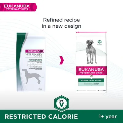 EUKANUBA Veterinary Diets Restricted Calorie, embalagem antiga e nova para cães, 12 kg. Texto visível: 'Refined recipe in a new design', 'RESTRICTED CALORIE', '1+ year'.