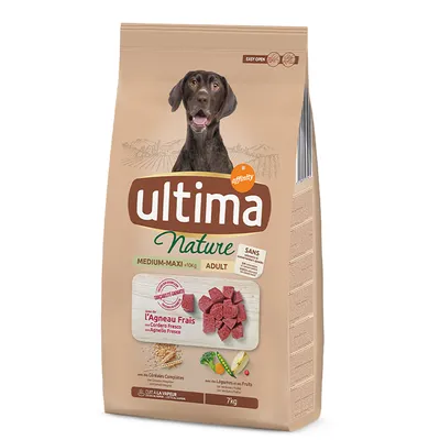 Sac de croquettes Ultima Nature Medium-Maxi Adult à l’Agneau Frais, 7 kg, avec céréales complètes, légumes et fruits. Marque Affinity. Texte visible : sans colorants ni conservateurs.