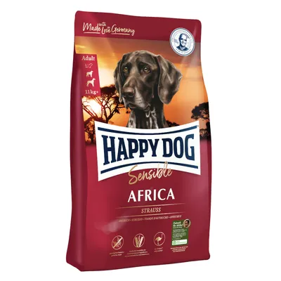 Happy Dog Sensible Africa Struzzo, Adulto cani da 11kg, Made in Germany, ricetta senza glutine con struzzo, confezione sostenibile, sigillo di qualità e benessere animale.